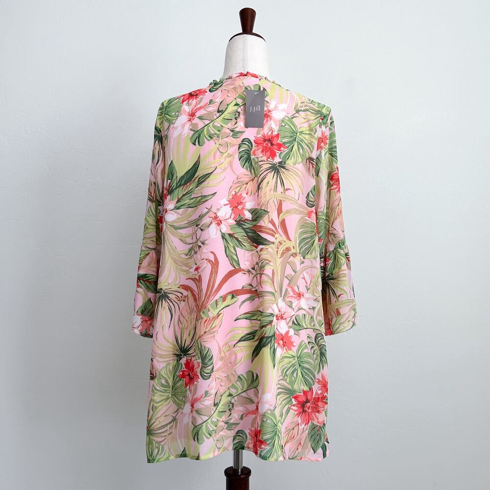 J. Jill Tropical Paradise Floral Pink Bell Sleeve Crinkle Crepe Tunic Blouse NWT - Picture 8 of 10